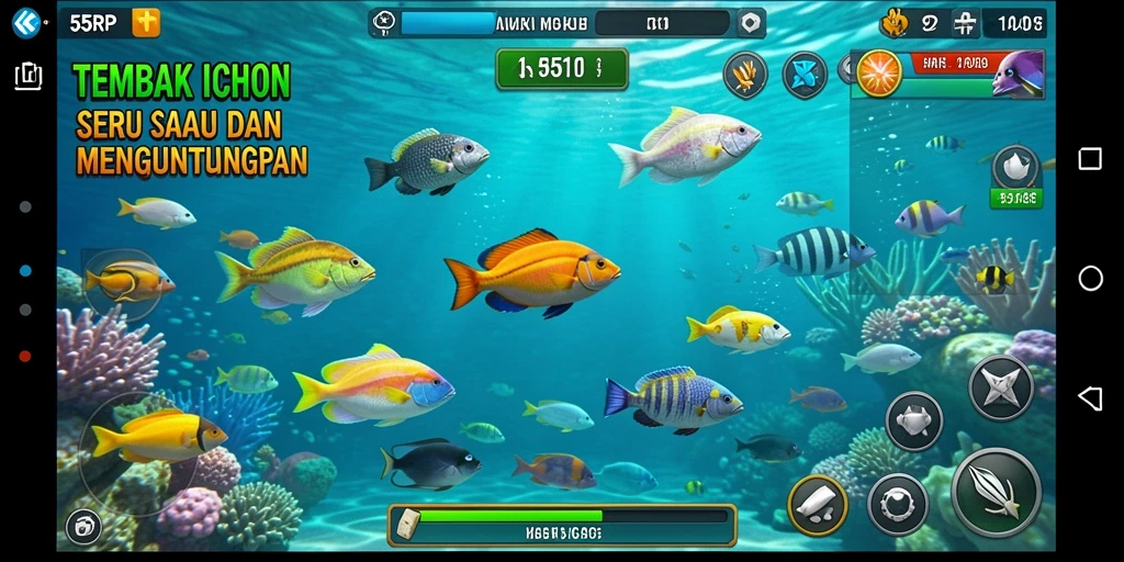 Tangkapan layar gameplay 55RP menampilkan aksi berburu ikan yang menegangkan.