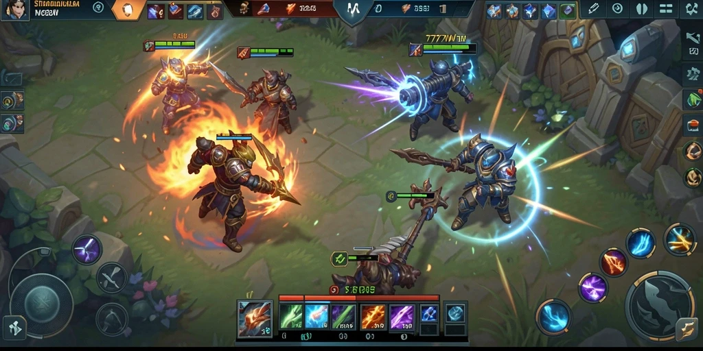 Gameplay seru 7777W dengan strategi MOBA yang mendebarkan.
