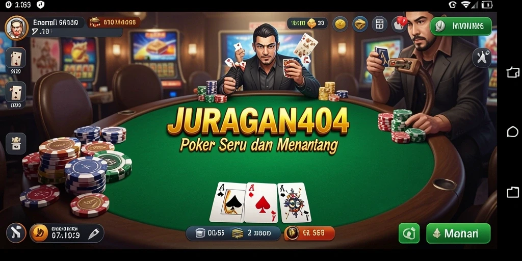 Tampilan gameplay JURAGAN404 dengan suasana poker yang menegangkan.