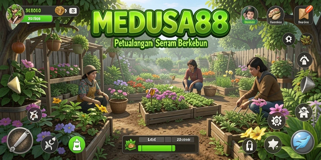 Screenshot gameplay MEDUSA88 yang menunjukkan kebun yang rimbun dan subur.