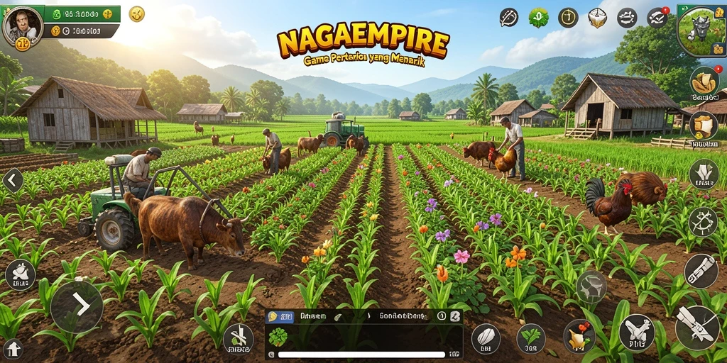 Gameplay NAGAEMPIRE menampilkan keindahan pertanian yang memukau.
