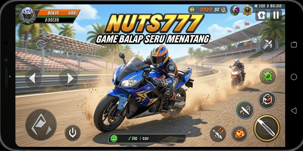 Gameplay NUTS777 menampilkan balapan motor yang seru dan menantang.