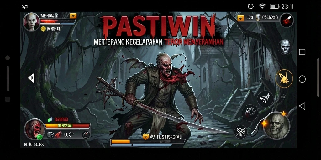Tangkapan layar utama PASTIWIN menampilkan atmosfer mencekam gameplay Horror.