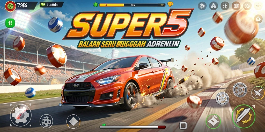 Tangkapan layar dari gameplay SUPER5 yang memperlihatkan balapan yang mendebarkan.
