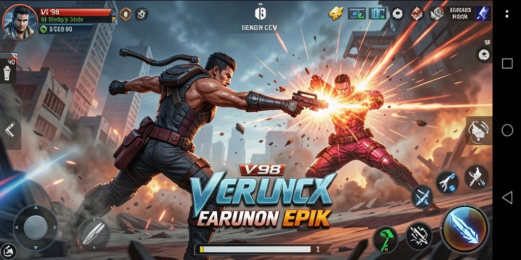 Tangkapan layar V98 menunjukkan aksi tempur yang seru dan dinamis.