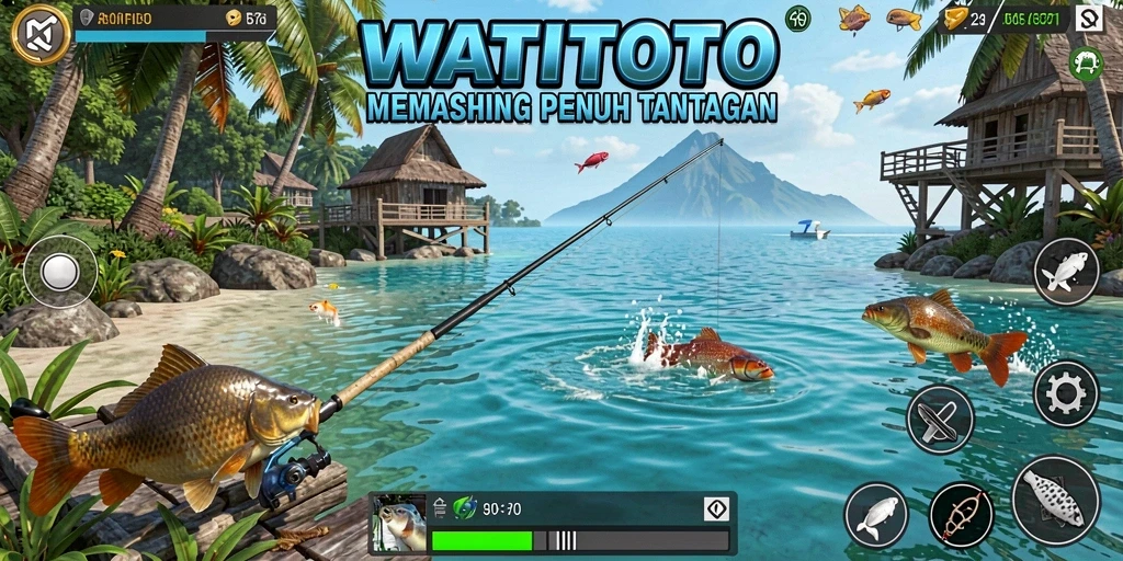 Tampilan gameplay WATITOTO dengan aksi memancing yang mendebarkan.